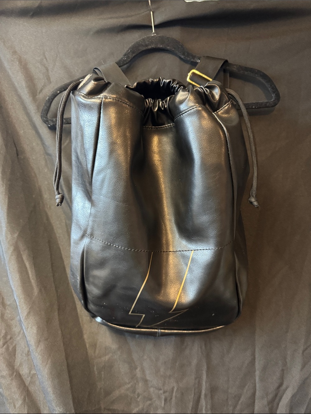 Black Faux Leather Drawstring Backpack - Unbranded